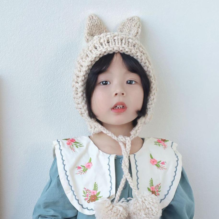 

Baby hat autumn and winter lace-up hairball children s handmade knitted wool hat girls boys winter warm ear protection child 47~ 52cm/recommended for 1~ 6 years old бежевий