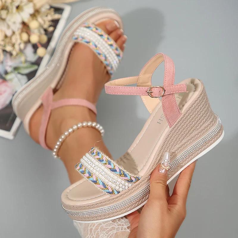 Fashion Fashion Pearl Striped Wedge Sandals for Women Summer Comfort Thick Sole Beach Shoes Woman Ankle Strap Chunky Platform Sandalias