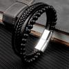 MingAo Charm Herrenschmuck Naturstein Mehrschichtiges Lederarmband Schwarzer Edelstahl Magnetischer Verschluss Tigerauge Perlenarmband