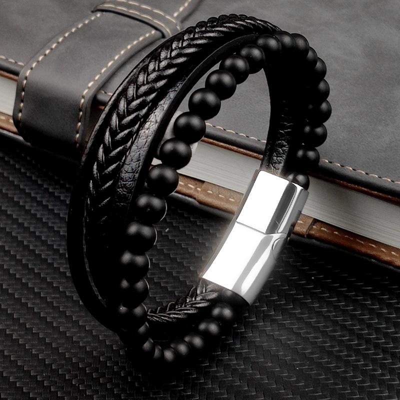 MingAo Charm Herrenschmuck Naturstein Mehrschichtiges Lederarmband Schwarzer Edelstahl Magnetischer Verschluss Tigerauge Perlenarmband