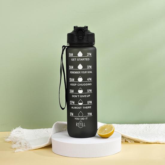 1000ml Wasserbecher Lebensmittelqualität Auslaufsicher Große Kapazität mit Zeitmarkierung Trageband-Design Staubdicht Motivierende Sport-Wasserflasche mit Strohhalm Büro