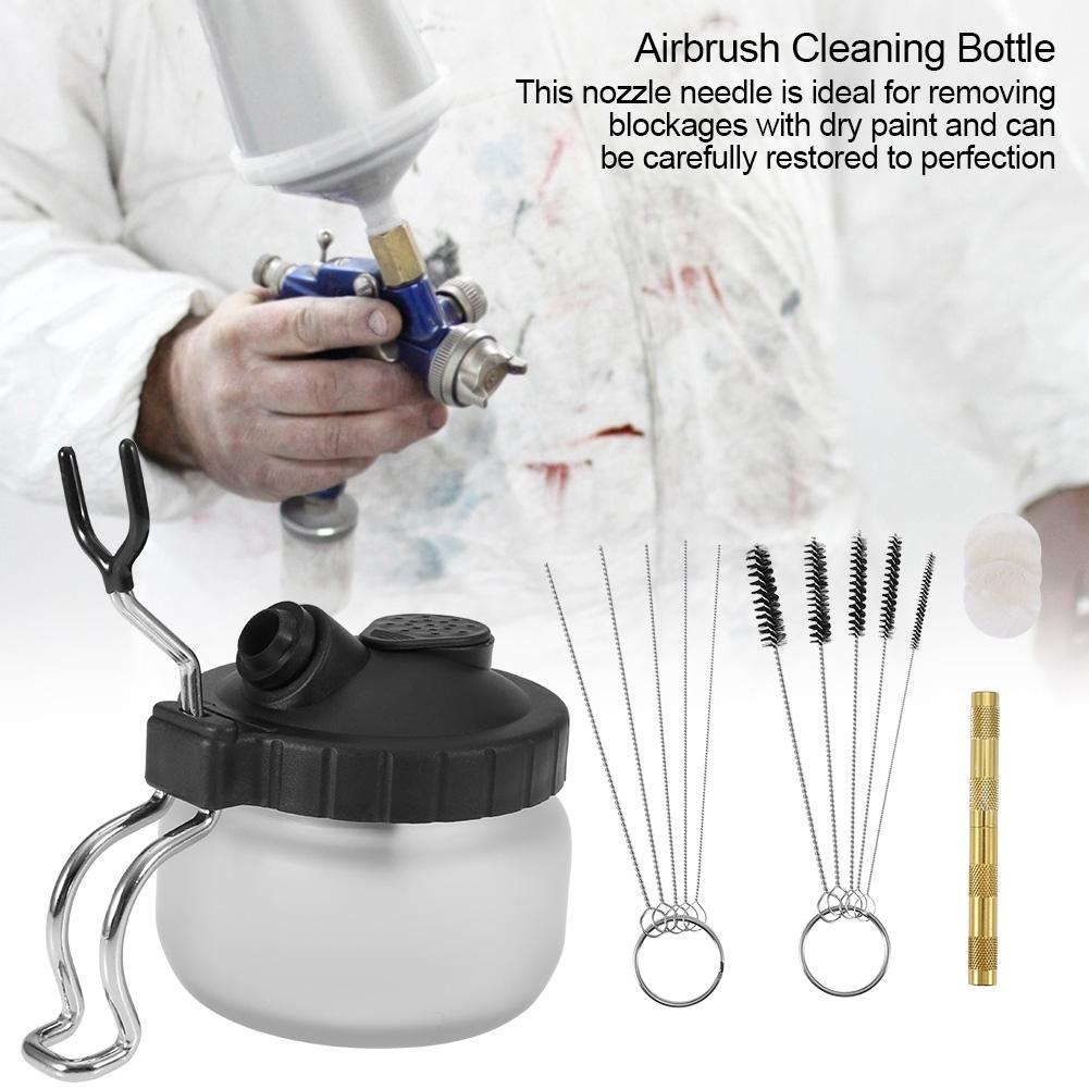 Airbrush Cleaning Pot Holder Paint Jar Bottle Clean Needle Nozzle Brush Set