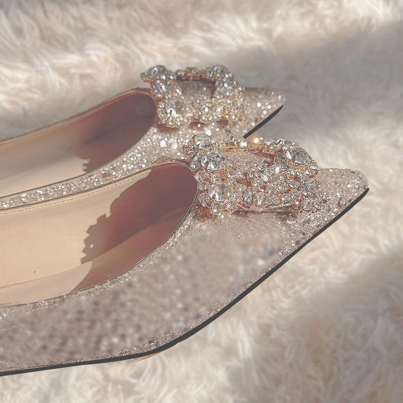 Pointed Flats Sequined Wedding Shoes Women's Maternity Shoes Rhinestone Pearl Bride Shoes Not Tired Feet Bridesmaid Shoes Large Size