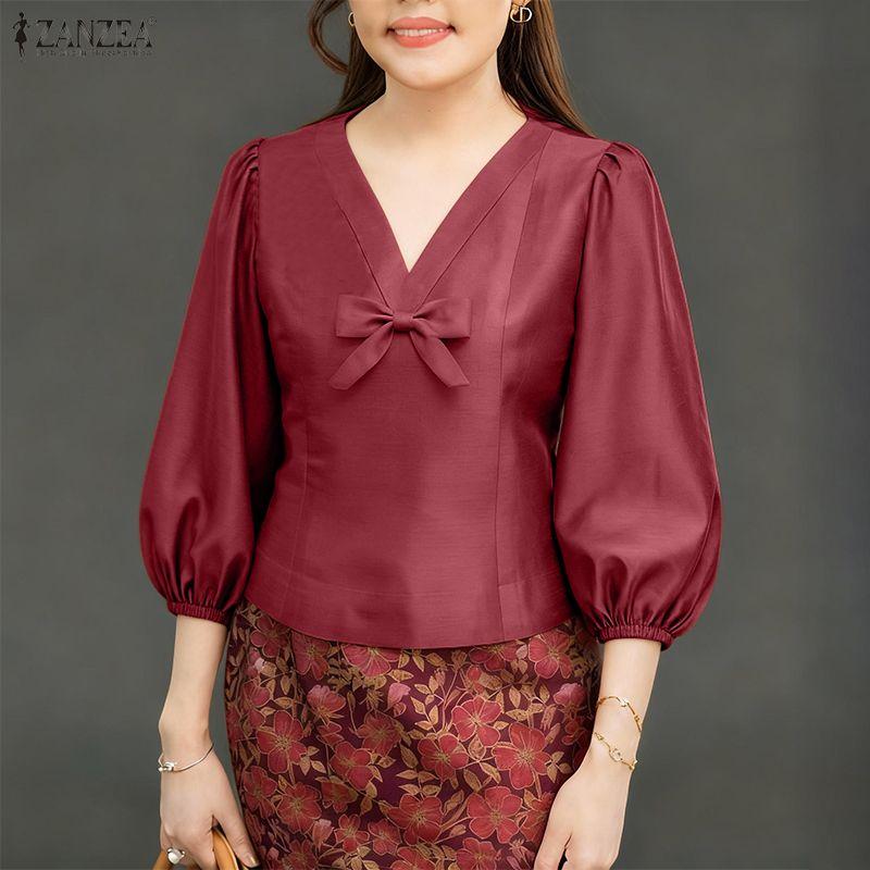 ZANZEA Women Casual V-Neck Solid Color Summer 3/4 Sleeve Blouse