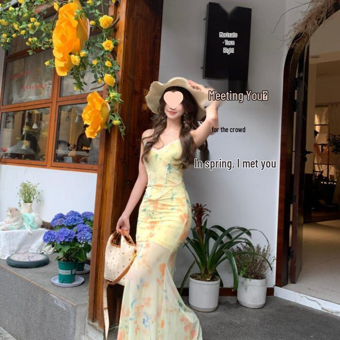 Women s French Yellow Floral Mesh Bodycon Dress - Summer Beach Fishtail Style 2XL