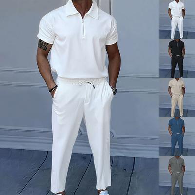 Summer Men's Solid Color Set Lapel Short Sleeve Zipper Trouser Suit