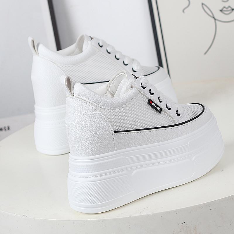 Fashion 12CM Air Mesh Genuine Leather Slides Hidden Heel Summer Ankle Boots Hollow Women Platform Sandals Wedge Breathable Shoes