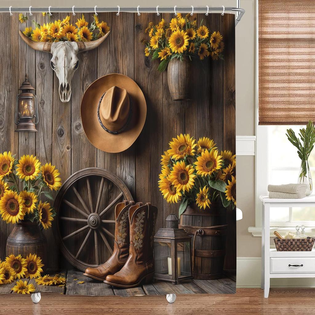 Rustic Farmhouse Floral Shower Curtain Purple Teal Daisy Flowers Butterfly Abstract Bathroom Curtain Country Farm Turquoise Blue