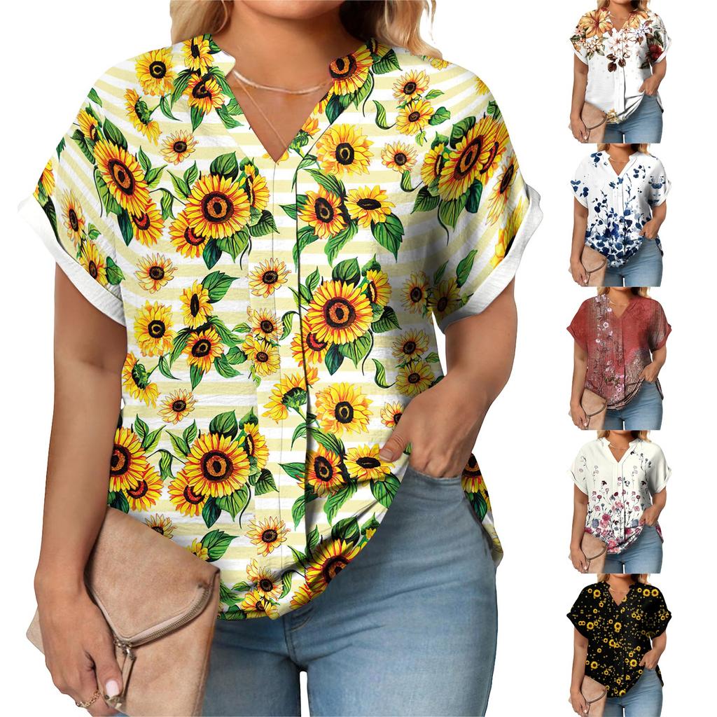 Women's Large Size T-Shirt Casual Print V-Neck Short Sleeve Raglan Sleeve Top