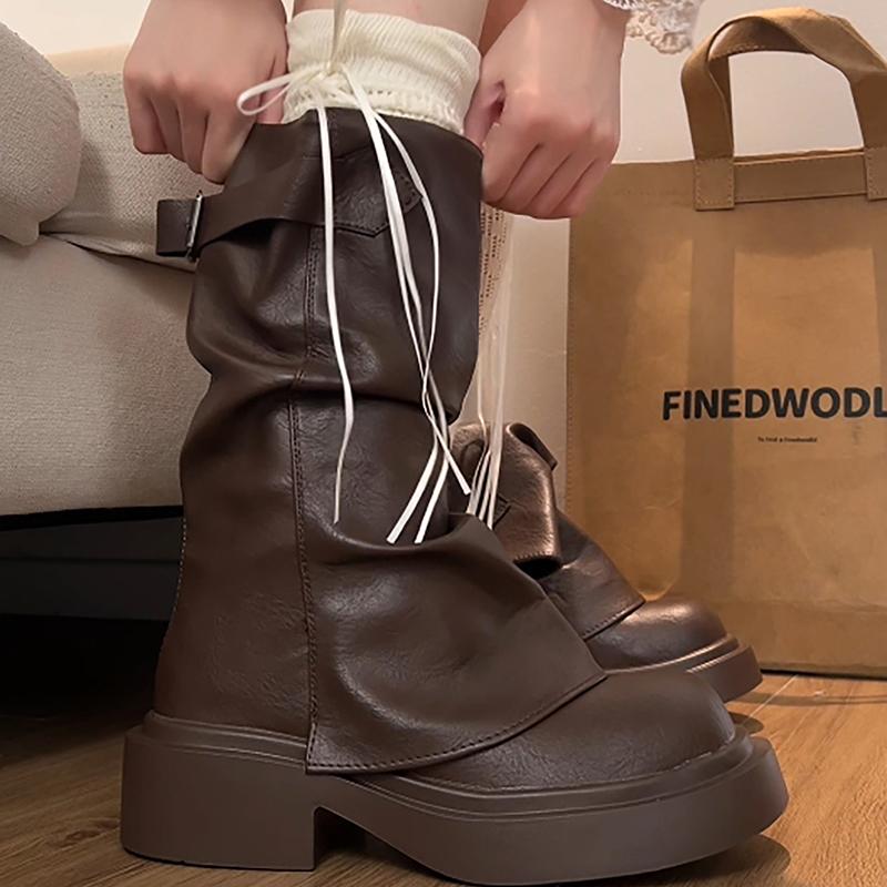 Autumn Vintage Thick Bottom Woman Knight Boot Fashion Belt Buckle Ladies Concise Slip On Short Booties