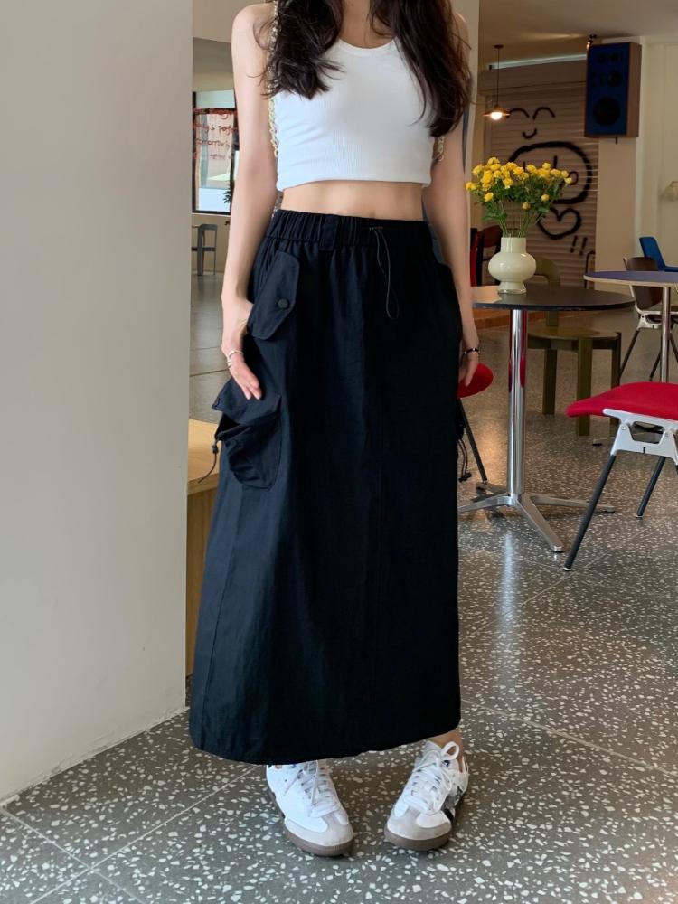 Chic Drawstring Pocket Design Cargo Skirt Women Summer Retro High Waist Gyaru Split Long Skirts Harajuku Fashion Streetwear New