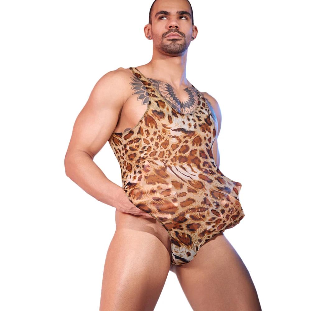 Men'S Sleeveless Leopard Bodysuit Tops Sexy Ultrathin Sheer See Through Tigths Man Shaping Wear Buckle Open Crotch Onesies