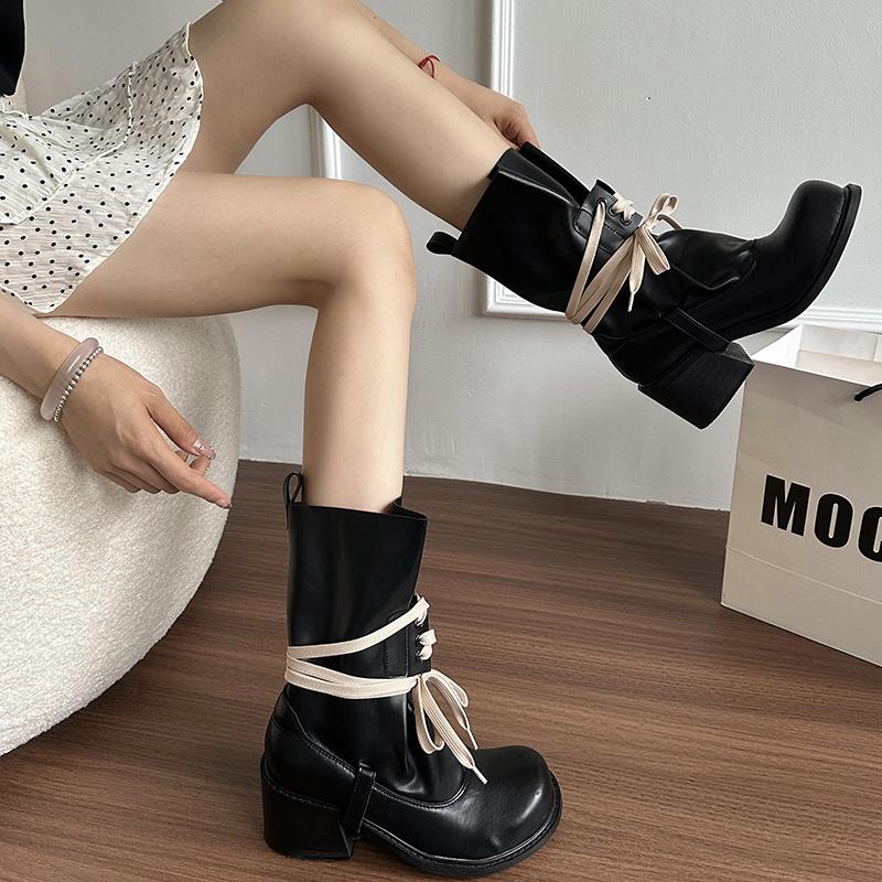 Autumn Winter Round Toe Women Mid Calf Boots Fashion Slip On Square Heels Shoes Female Modern Booties