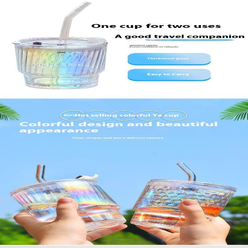 Tasse en Verre à Revêtement Coloré Portable Ménagère Mug pour Boisson Jus Café Glacé avec Couvercle en Plastique et Paille en Verre