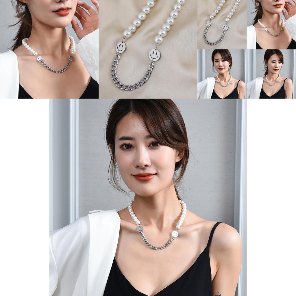 Stylish Titanium Steel Pearl Necklace With Double Smiley Face Design For Men And Women