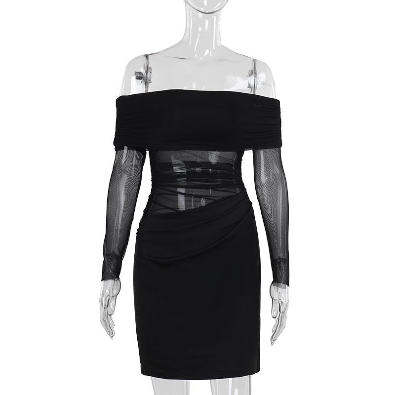 Fall Women's Dress Socialite Style One Line Shoulder Mesh Sexy Mini Short Dress