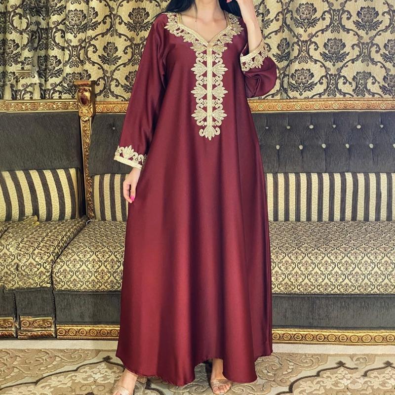 Ramadan Muslim Gold Embroidery Dresses Abayas Dubai Casual Kaftan Robe Ethnic Costumes with Long Sleeve for Womens