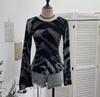 Damen Exklusives rückenfreies Leopardenmuster Schnürung Langarm Slim Fit Oberteil