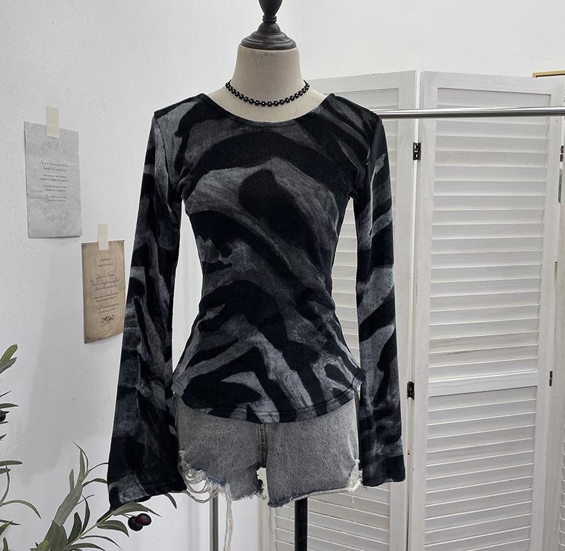 Damen Exklusives rückenfreies Leopardenmuster Schnürung Langarm Slim Fit Oberteil