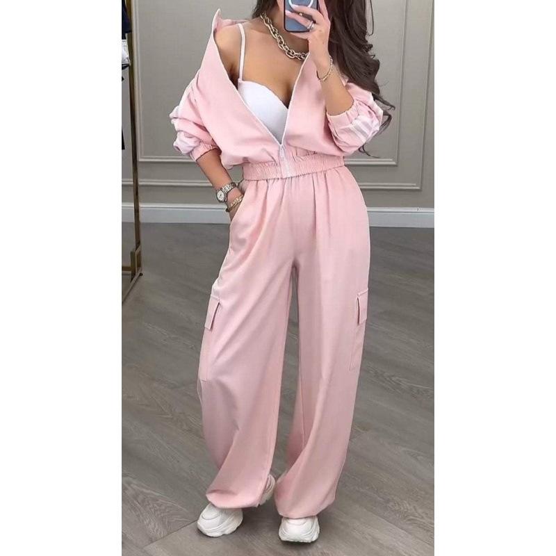 Damen Freizeit Trainingsanzug Set Langarm Gestreifte Jacke Hohe Taille Weite Beinhose Zweiteiliges Outfit