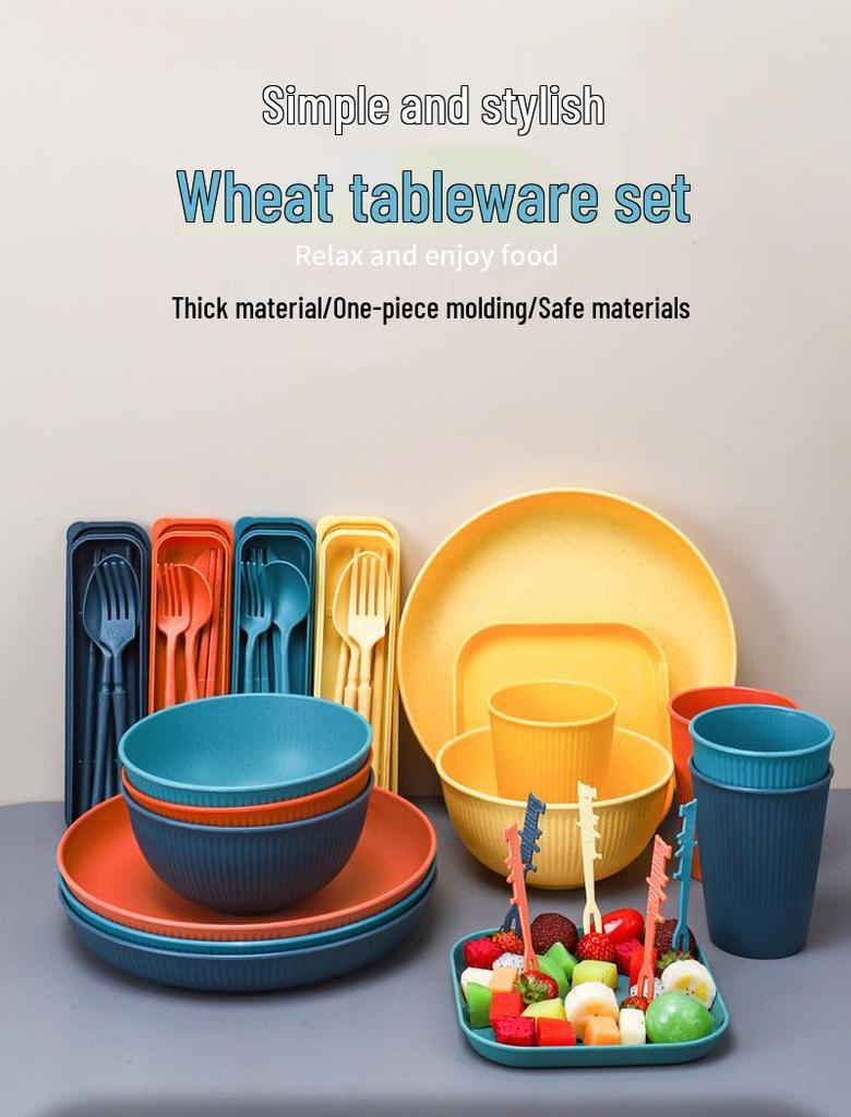 Wheat Straw Tableware Set: Cup, Plate, Bowl, Knife, Fork, Spoon, Chopsticks - Eco-Friendly Gift