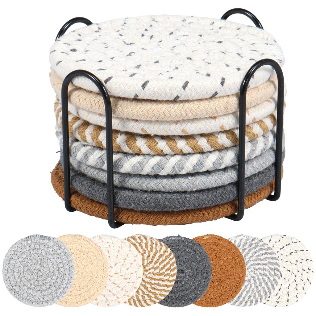 8 Stück Baumwollgewebtes Untersetzer-Set mit Halter für Getränke Bier Kaffee Handgewebte Saugfähige Unterlage Tischplattenschutz für Heimdekor