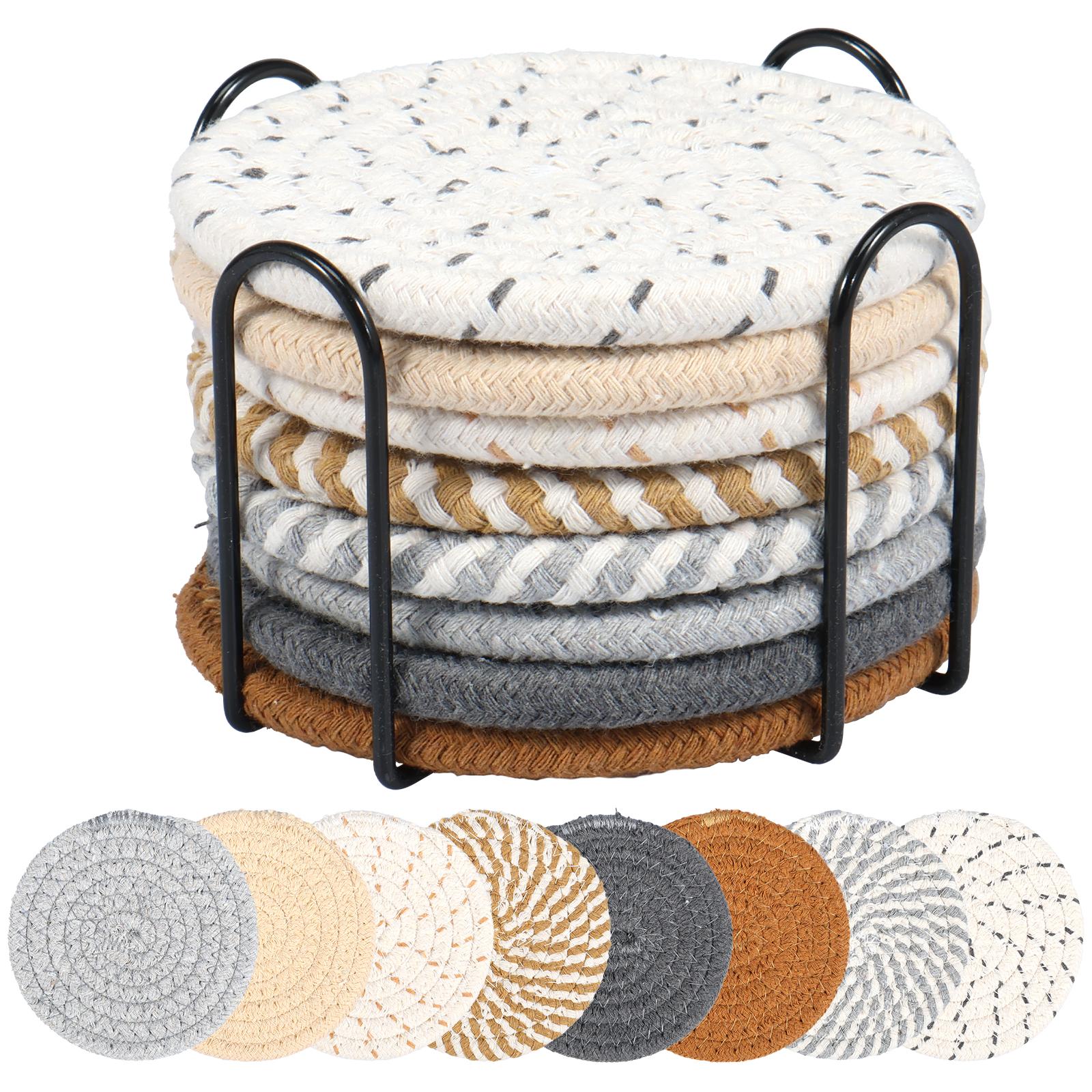 

8Pcs Cotton Woven Coaster Set with Holder for Drinks Beer Coffee Handheld Woven Absorbent Pad Tabletop Protector for Home Decor