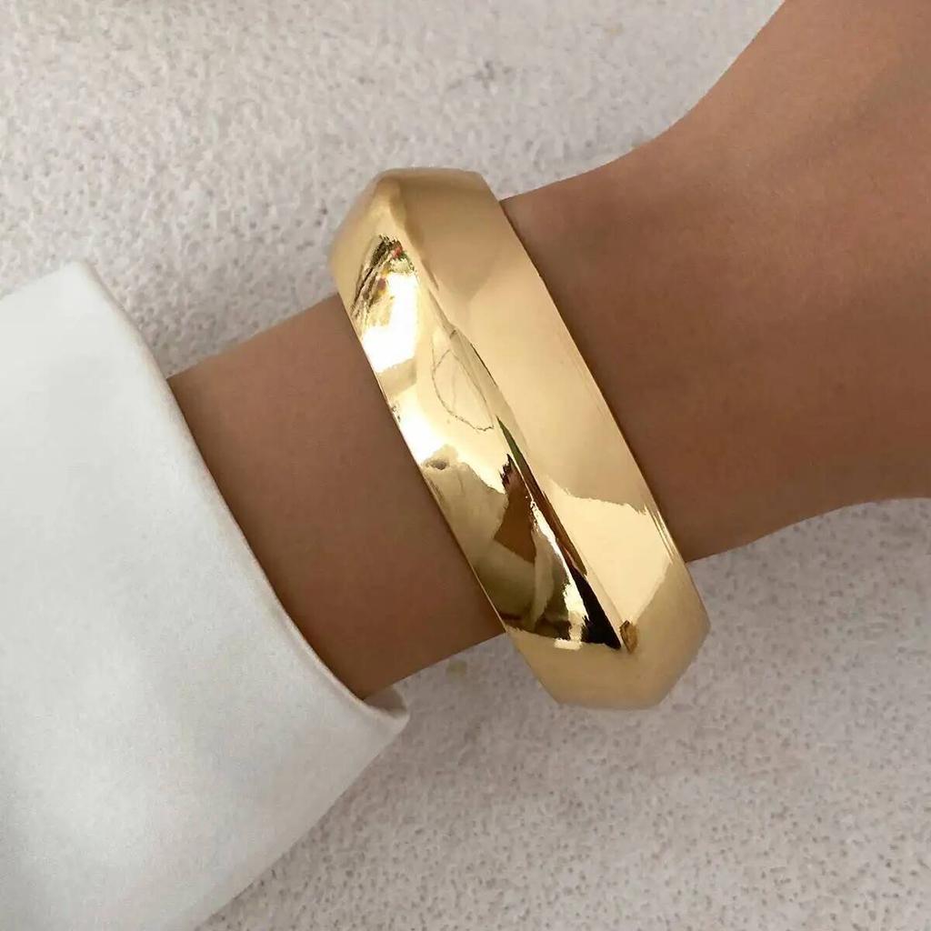 IngeSight.Z 4Style Punk Exaggerated Wide Cuff Bangle Women Vintage Irregular Geometric Glossy Gold Color Spring Bracelet Jewelry