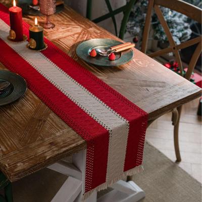 Imanqi Yun Cotton Linen Striped Two-Color Table Runner with Woven Tassels
