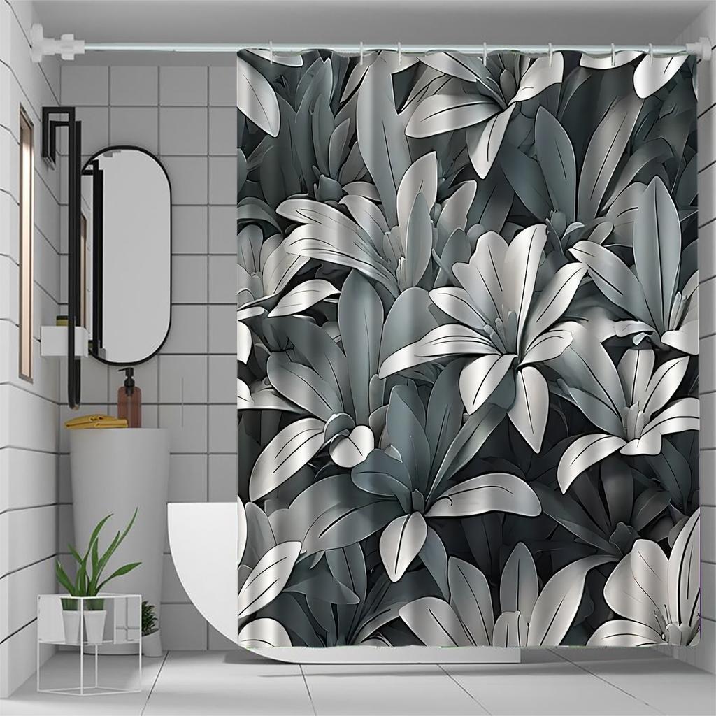 1pc black and gray tropical leaf pattern shower curtain, polyester fabric, machine washable, suitable for bathroom decoration