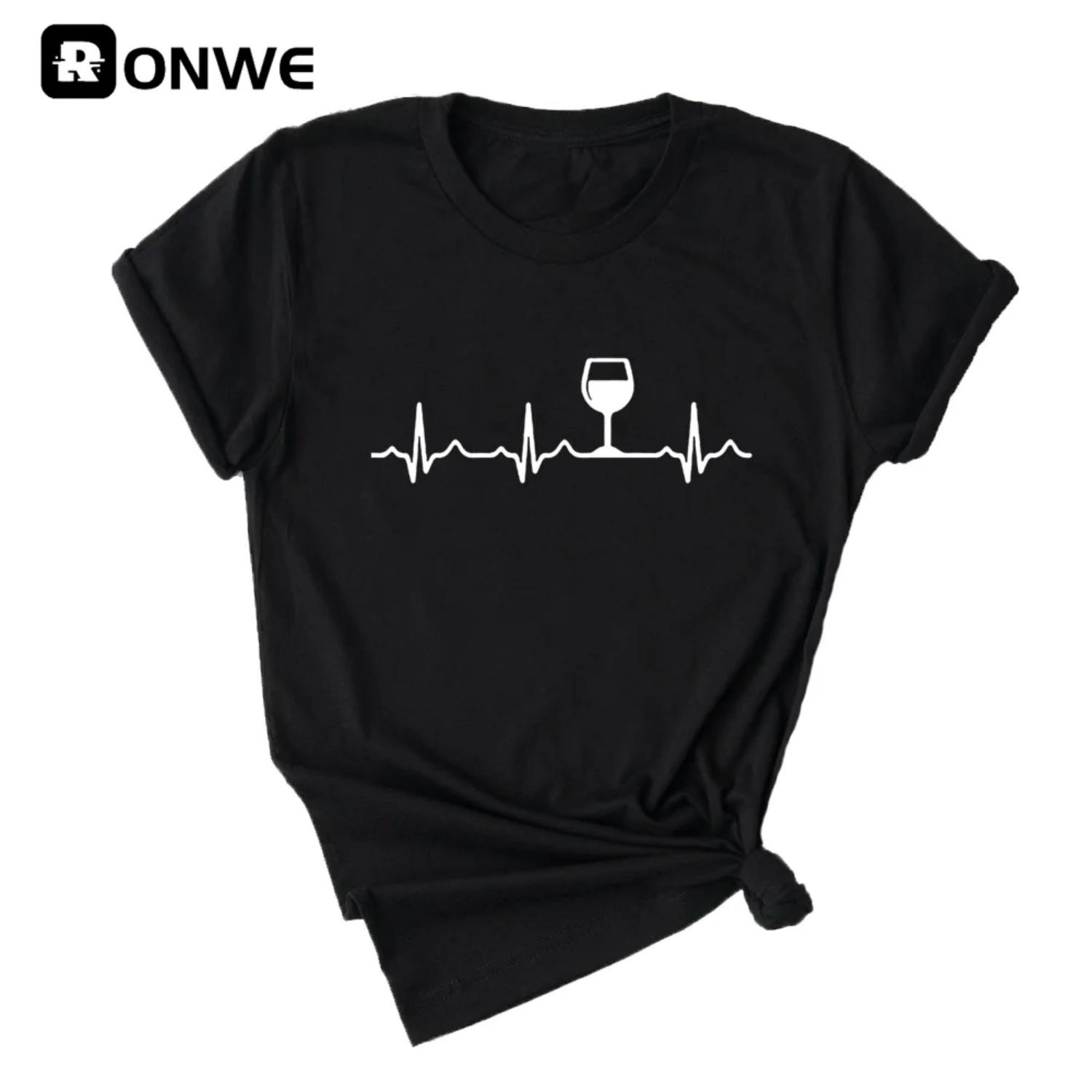 

Женская футболка с коротким рукавом с принтом «Wine Heartbeat», винтажные топы, женская футболка, одежда в стиле Харадзюку, уличная одежда S чёрный
