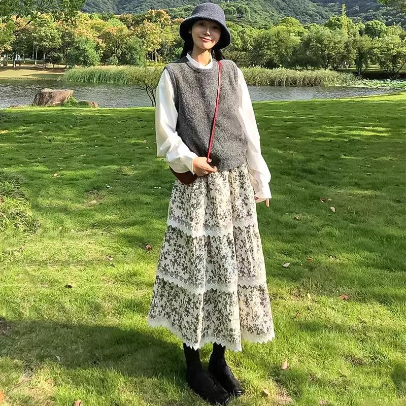 Französischer Blumiger Rock für Damen Im Frühling und Sommer Neu Hochtailliert Schlank A-Linie Spitze Retro-Stil Kuchenrock