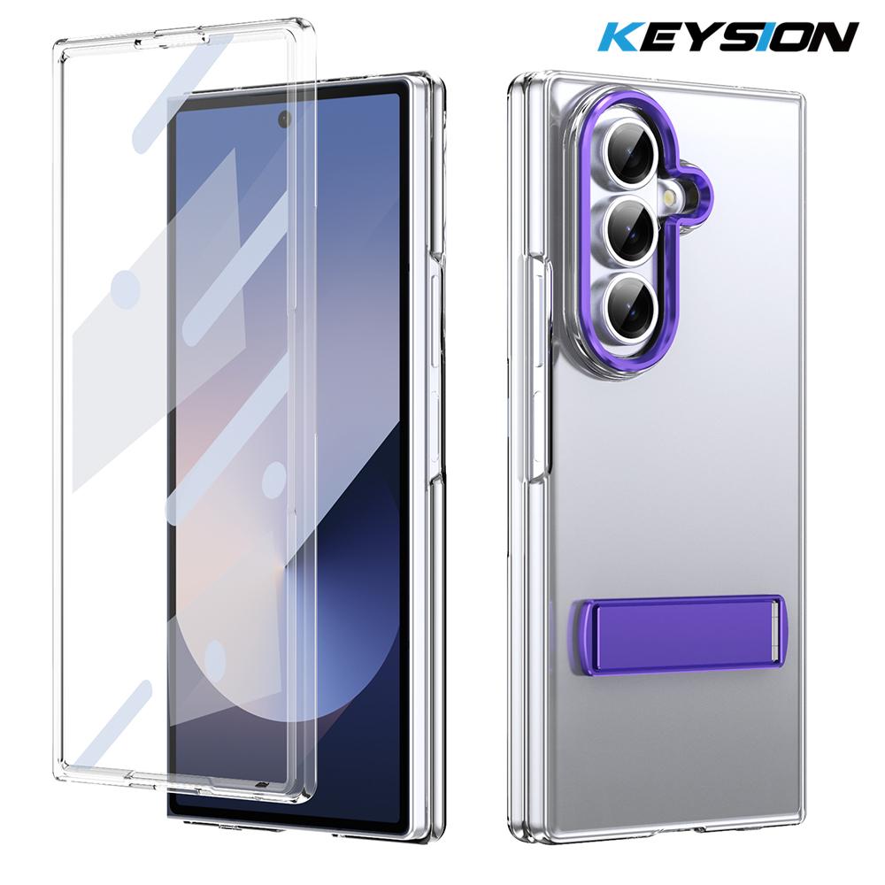 KEYSION Transparent Case for Samsung Galaxy Z Fold 7 Hard PC Metal Kickstand Shockproof Phone Cover with Glass Screen Protector