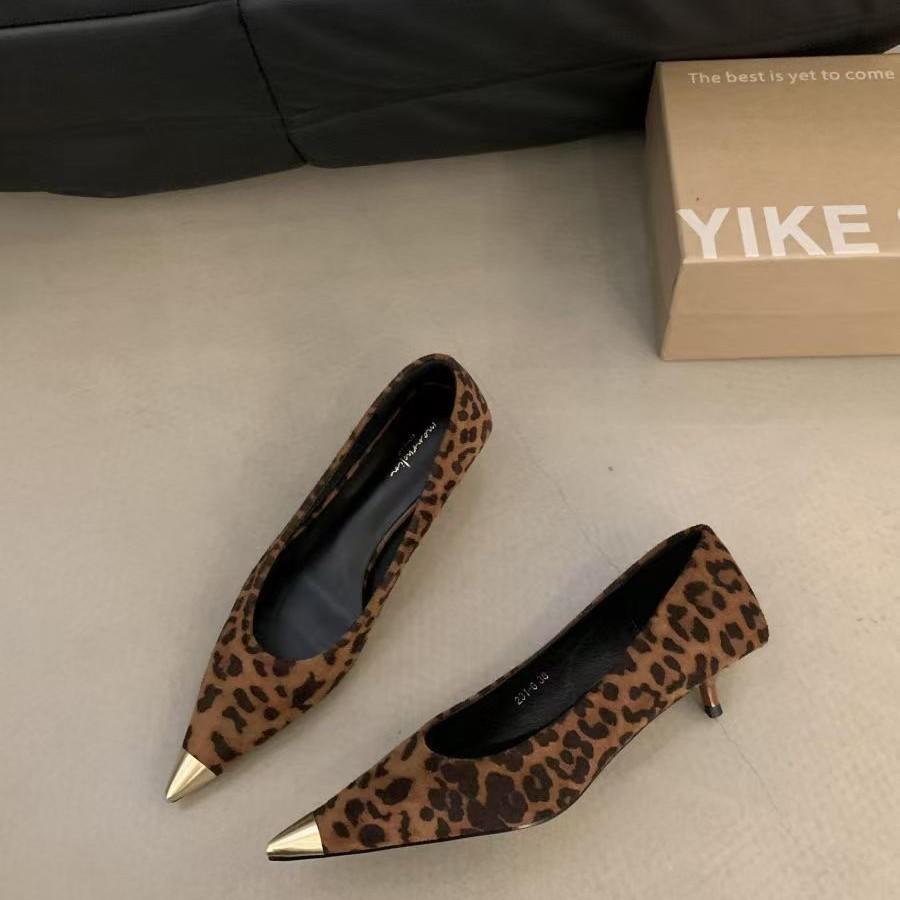 Spring New Retro Leopard Print Metal Light Mouth Single Shoes French Temperament Suede Pointed Stiletto High Heels