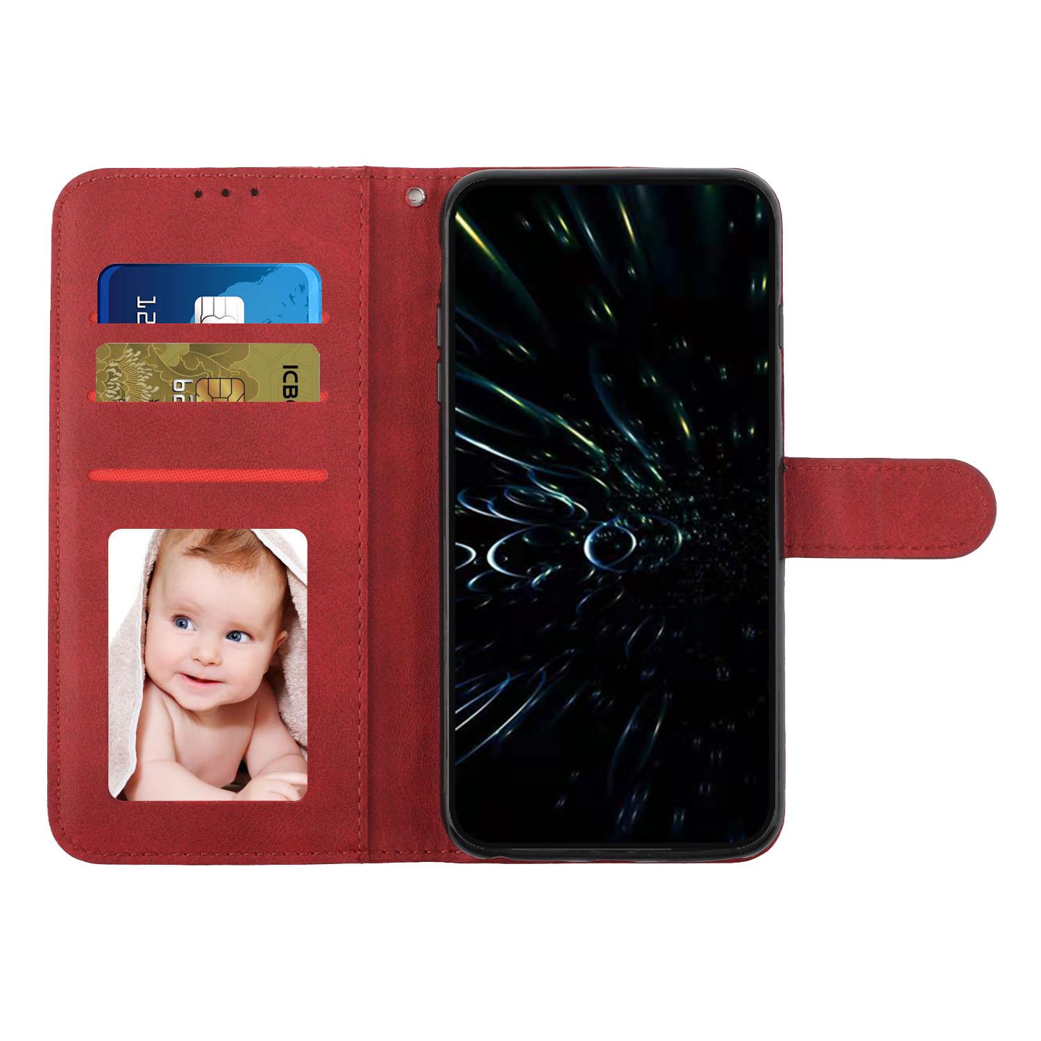 

For Sony Xperia 10 IV 5G Anti-scratch PU Leather Stand Cover Function Imprinted Stitching Line Wallet Phone Case with Strap Red