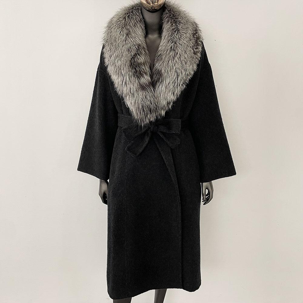 OFTBUY Kabát z pravé kožešiny 2024 Nadměrný dámský svrchní oděv Zimní dámská bunda s límcem z přírodní liščí kožešiny Kapuce Kašmírová vlněná směs Kabát