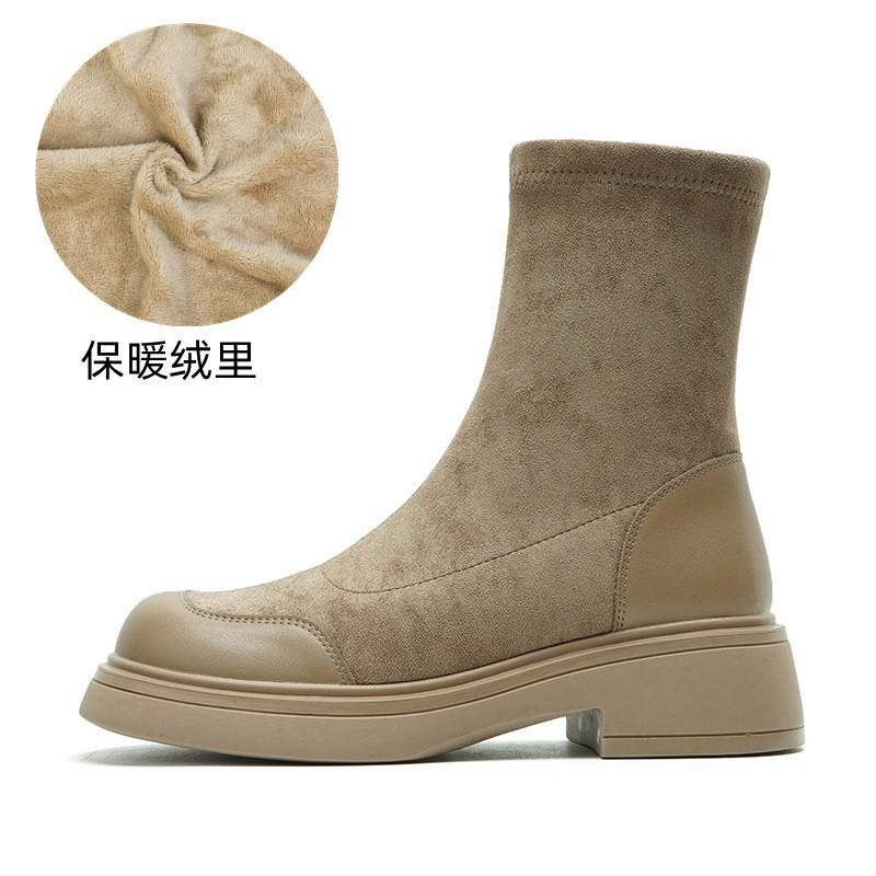 Skinny Korean version round head suede short boots women's socks boots thick-soled muffin bottom elastic thin boots autumn and winter new Martin boots