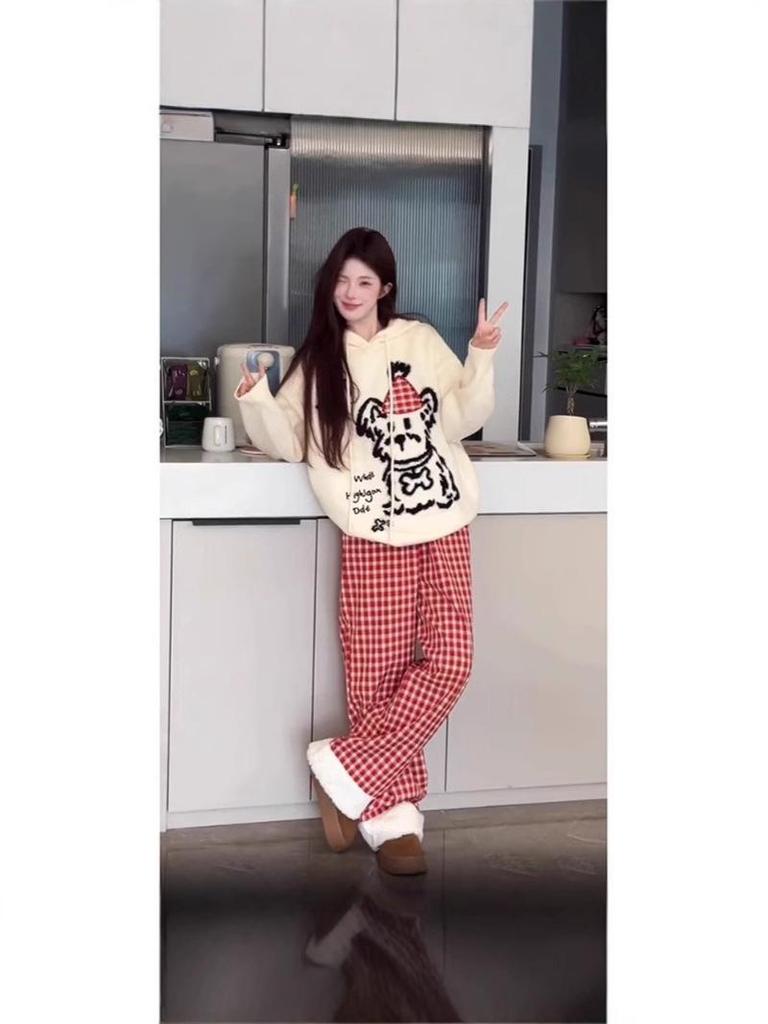 Milky Soft Pink Plaid High-Waisted Wide-Leg Pants for Women - Autumn/Winter Academic Style