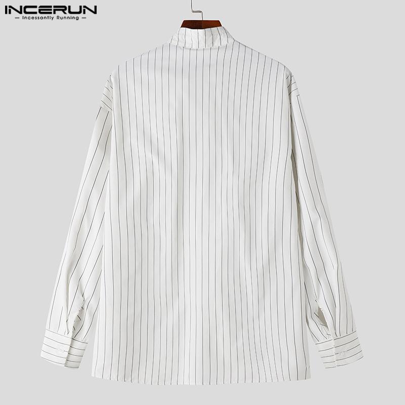 INCERUN Podzimní pánské stojací límeček s dlouhým rukávem pruhované košile Bagge Bandage Tops