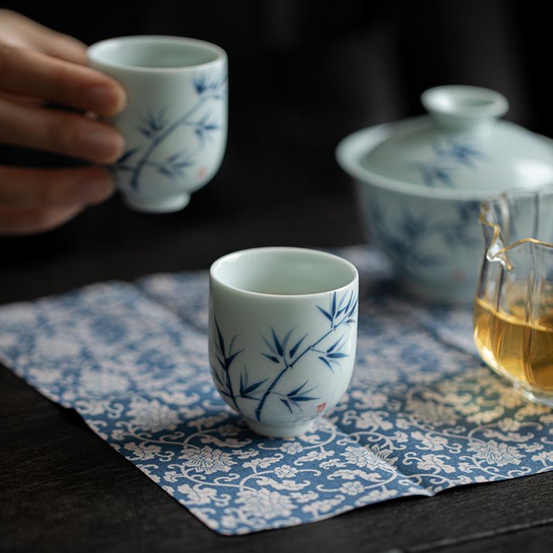 Underglaze Hand-painted Bamboo Cover Bowl Tea Set Fabric Tea Bag Kung Fu Tea Set Travel Portable Office
