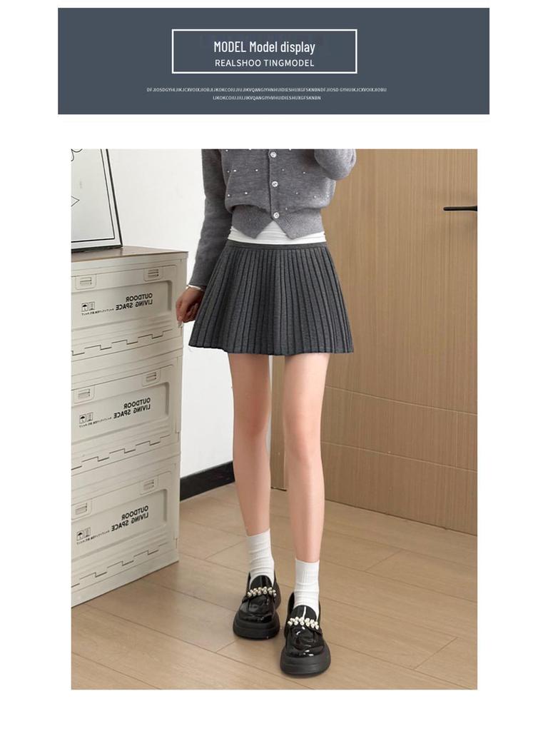 2026 New Petite Women's Grey Woolen A-line Pleated Short Skirt - Fluffy & Slimming Spring Style