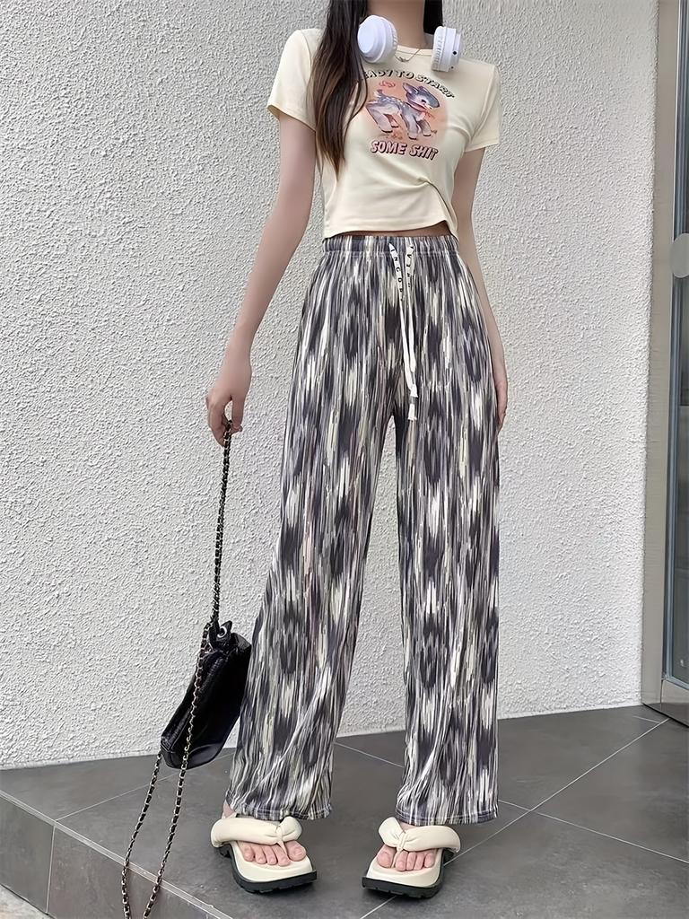 Batik-Hose im Vintage-Stil für Damen mit weitem Bein, lockere, schlankmachende Freizeithose aus Eisseide, bequeme, kühle Freizeit- und Sporthose, eleganter Stil