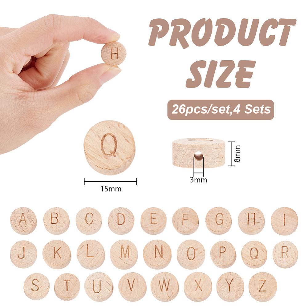 4Sets Wood Beads Flat Round & Letter Letter A~Z 15x8mm Hole: 3mm 26pcs/set