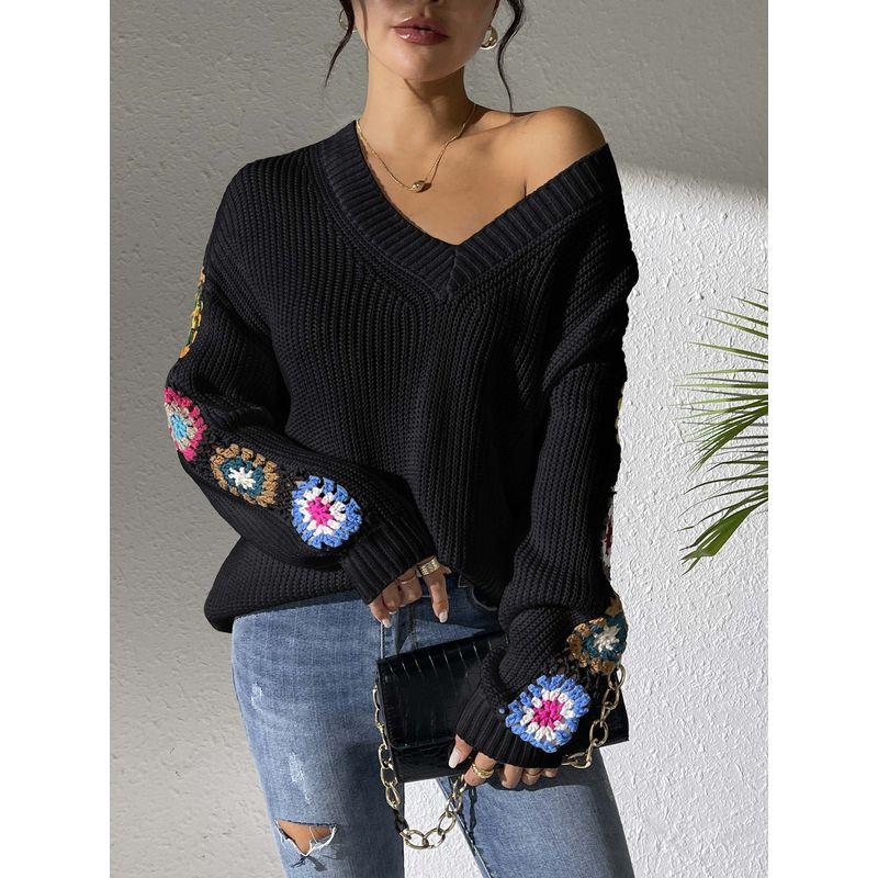 Long-Sleeve V-neck Top Mixed Color Hand Hook Flower Patchwork V-neck Pullover Loose Casual Sweater Top