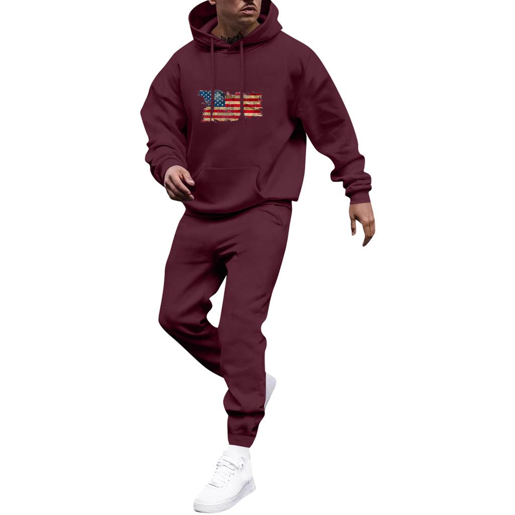 Men's Solid Color Flag Print Hooded Universal Versatile Hooded Sweatshirt Sweatpants Casual Sports Suit