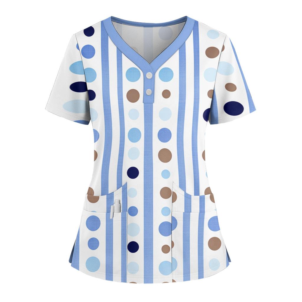 Women's Loose Short Sleeved Fashionable Polka Pots And Geometric Printing V-neck Buttonable Side Slit Top T-shirt