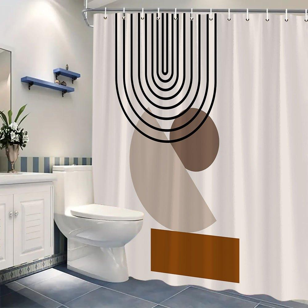 1 Chic Minimalist Shower Curtain with Black Concentric Lines and Overlapping Brown Shapes, Machine Washable, with Hooks