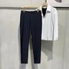 Fashion Men Slim Fit Dark Gray Smart Casual Suit Pants Spring Summer New Ice Silk High Elasticity Business Cropped Trousers