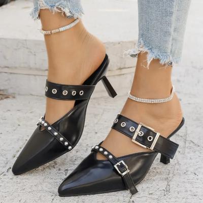 2025Summer New Sandals for Women Fashion Pointed Head Shallow Mouth Rivets Metal Buckle A Slip-on Wear-resistant Stiletto Heels