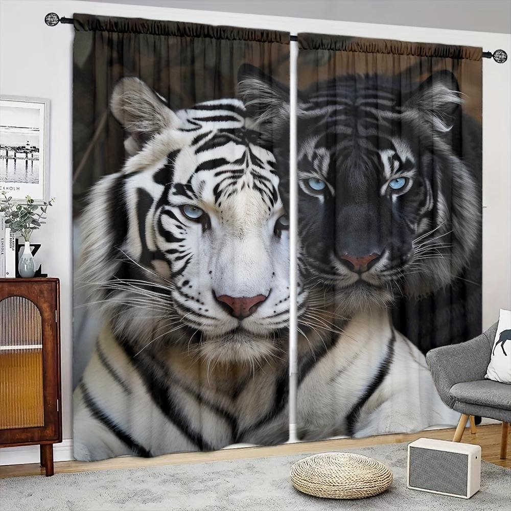 2pcs White Tiger Style Printed Curtain For Home Decor Rod Pocket Window Treatment For Bedroom Office Kitchen Living Room Study